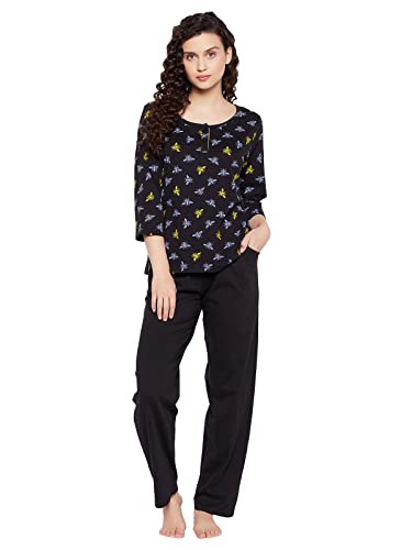 Image of Clovia Cotton Women's Fly Print Top & Solid Pajama Set