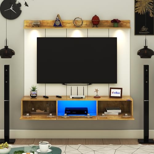 Image of Anikaa Lucen PVC Back Panel Wall Mounted TV Unit with Spot & Blue Ambient LED Light- Acrylic Storage Box, Display Shelf & Soft-Close Hinges | Ideal for Up to 50 Inch TV (Giantwood - DIY Installation)