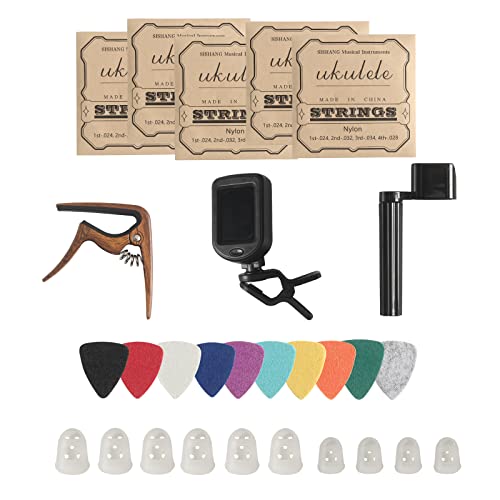 Ukulele Strings Accessories Kit, Nylon Ukulele Strings Set, Tuner, Felt Picks, Capo, Finger Protectors,String Winder For Soprano Concert Tenor Ukulele (28Pcs, Walnut Color) #TOP17
