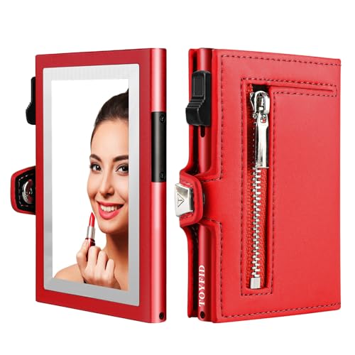TOYFID Women Wallet with Card Holder, Small Pretty Wallet with Mirror for Women,Pop Up Card Holder Wallet, Tri-fold Genuine Leather Wallet Women with Mirror, Compact Wallet for Traveling,(Red)