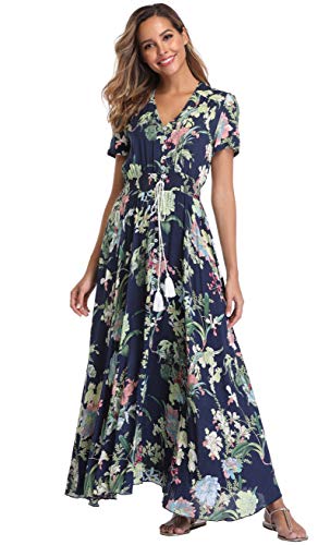 Image of VintageClothing Women's Floral Maxi Dresses Boho Button Up Split Summer Casual Long Dress Beach Party Dress