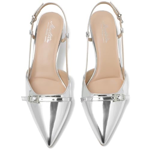 Image of Mostrin Kitten Heels for Women Pointed Toe Pumps Patent Leather Low Heel Slingback Heels with Buckle Dress Shoes for Dating Party Working