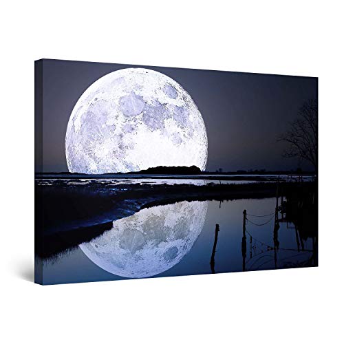 Startonight Wall Art Canvas Full Moon Water Reflection, Sky Framed Wall Art 60 x 90 cm