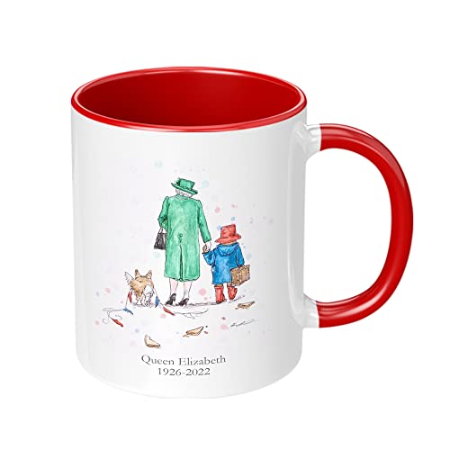 Mug souvenir de la Reine Elizabeth II - Cadeau - Souvenir commémoratif - Inscription « Her Majesty 70 Years in Service » - Paddington (remplissage rouge) Cover