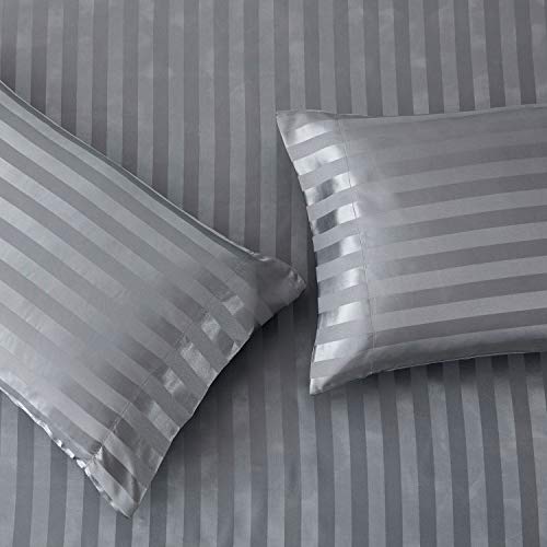 Image of Lanest Housing Satin-Silk Sheets Full Size Bed Set, Dark Grey Soft Cooling Deep Pocket Sheets, Hypoallergenic, Wrinkle and Fade Resistant Bedding Set, Striped