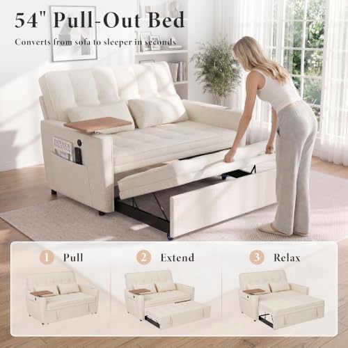 Image of Dreamzie 54'' Convertible Sleeper Sofa Bed with Swivel Side Table, Chenille Pull Out Couch for Living Room, Loveseat Sleeper Couch with Side Pocket | Charging Port | Cup Holder, Beige