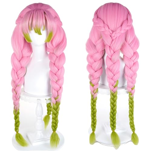 LABEAUT Anime Mitsuri Cosplay Wig Pink & Green Braided Pigtails with Cap for Halloween/Party