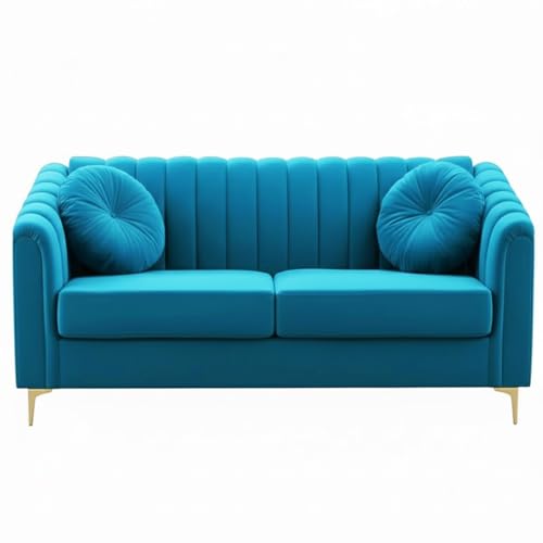 Image of FURNY Dorino 2 Seater Fabric Sofa Set (Aqua Blue) Premium Velvet Finish Durable & Comfortable Ideal for Living Room