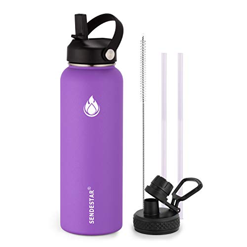 Image of SENDESTAR Stainless Steel Water Bottle, Wide Mouth 32 oz Water Bottle with Straw Lid, Spout Lid, Double Wall Vacuum Insulated Leak Proof, Keeps Liquids Hot or Cold (Violet)