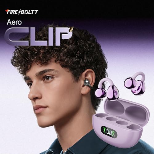 Image of Fire-Boltt Aero Clip OWS Earbud w /Clip-On Fit, Custom EQ, Wireless Bluetooth TWS,50H Playtime, 50ms Low Latency, Display on Charging Case, App Support, Touch Controls, Gaming & Music-Lilac Bloom