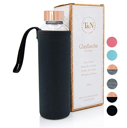 T&N Glasflasche Classique 550 ml - Neoprenhülle Auslaufsicher - Mit GRATIS Glas Strohhalm zum Testen - Trinkflasche Wasserflasche Sport-Flasche Glastrinkflasche 100% BPA frei mit Bürste