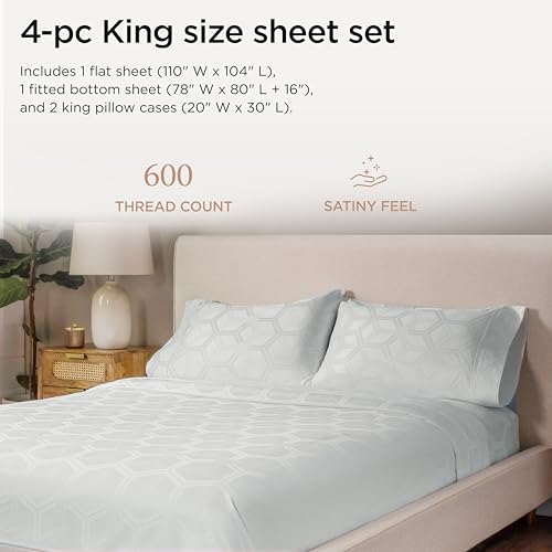 Image of Threadmill 100% Cotton Sheets for King Size Bed - 600 Thread Count King Bed Sheets Set with 16 inch Deep Pocket - Jacquard Sateen Weave 4-Piece Bedding Set with Cooling Effect, Light Grey