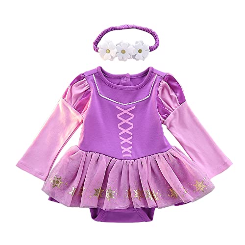 Dressy Daisy Baby Girls Princess Onesie Costume Romper Bodysuit Halloween Birthday Dress Up with Headband Purple Size 0-3 Months