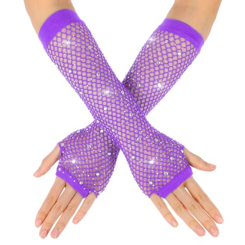 Yolev Rhinestone Long Fishnet Gloves Fingerless Fishnet Arm Sleeve Emo Goth 80s Scene Accessories for Women Girls (Purple)