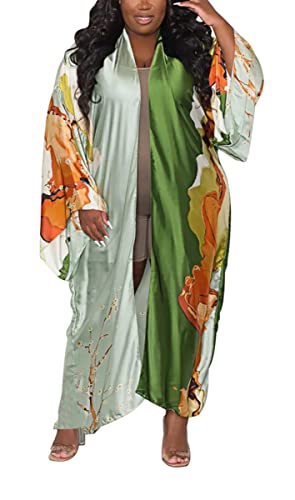 Image of Kimono Cardigan for Women Long Boho Satin Kimono Robes Plus Size Open Front Beach Swimsuit Cover Ups Lightweight Duster