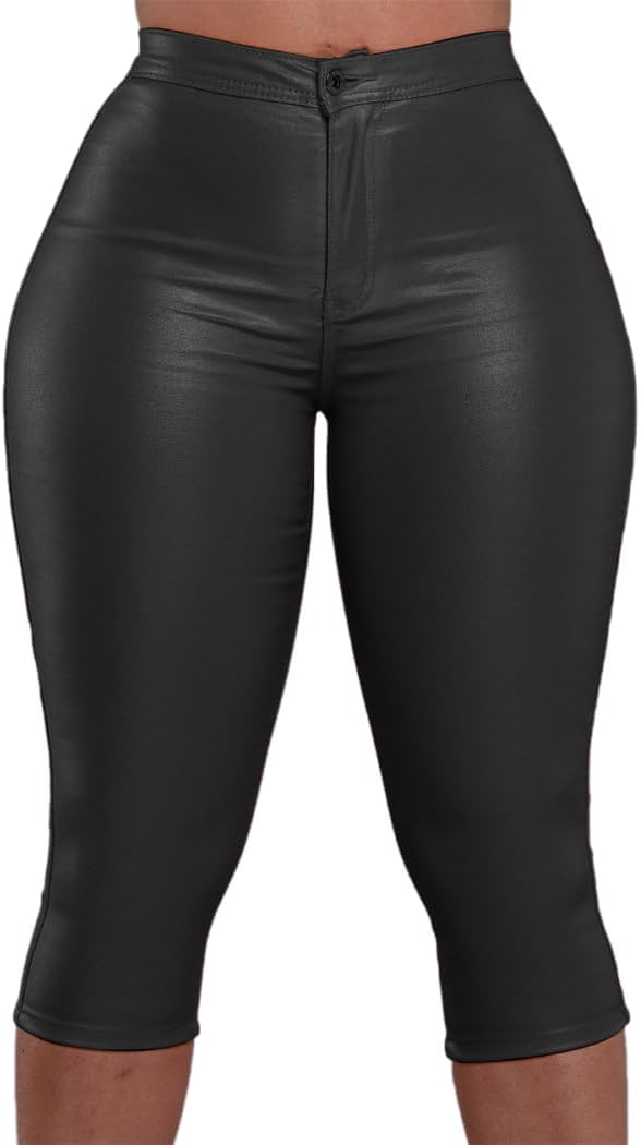 Zebaexf Leather Capri Pants for Women Casual Stretch Black High Waisted Crop Leggings with Pockets Faux PU Leather Pants