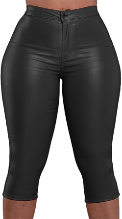 Zebaexf Leather Capri Pants for Women Casual Stretch Black High Waisted Crop Leggings with Pockets Faux PU Leather Pants