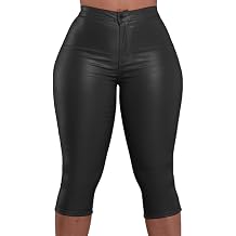 Zebaexf Leather Capri Pants for Women Casual Stretch Black High Waisted Crop Leggings with Pockets Faux PU Leather Pants