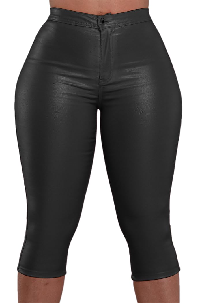 Zebaexf Leather Capri Pants for Women Casual Stretch Black High Waisted Crop Leggings with Pockets Faux PU Leather