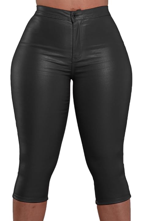 Zebaexf Leather Capri Pants for Women Casual Stretch Black High Waisted Crop Leggings with Pockets Faux PU Leather