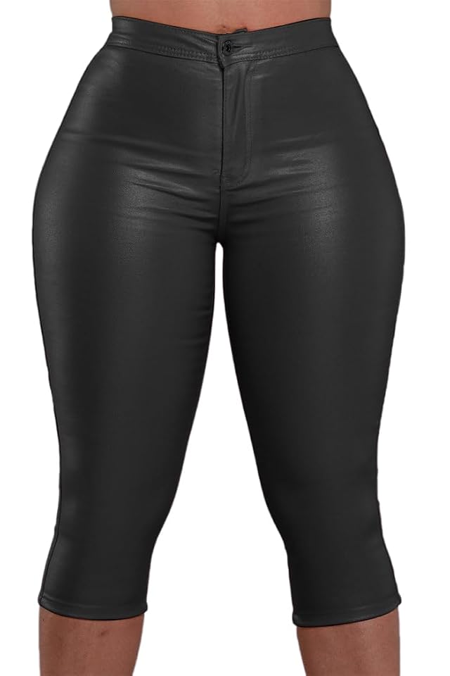 Zebaexf Leather Capri Pants for Women Casual Stretch Black High Waisted Crop Leggings with Pockets Faux PU Leather