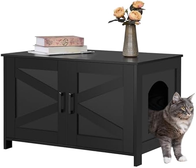 Cat Litter Box Enclosure,Litter Box Furniture Hidden with Barn Door,Wooden Cat Washroom Furniture,Cat House,Fit Most of Litter Box, Greige