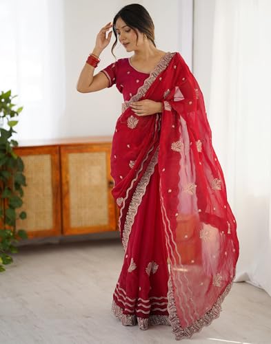 Image of SIRIL Women's Chiffon Scalloped Border Sequins Embroidery Saree with Unstitched Blouse Piece