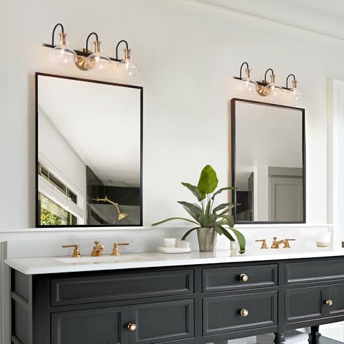Image of KSANA Black and Brass Vanity Light, Modern Clear Glass Bathroom Light Fixture, Black Gold 3-Light Wall Lighting Over Mirror