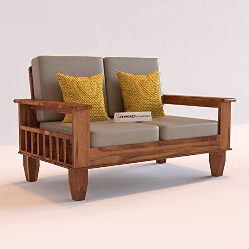 Image of Sheesham Wooden 2 Seater Sofa for Living Room | Rosewood 2 Seater Cushion Sofa with Side Newspaper Holder for Home & Office | Solid Wood Sofa Set for Lounge (Honey)