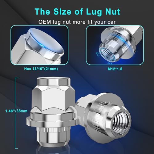 Image of DAPHNIE M12x1.5 HEX 13 /16 inch(21mm) OEM Chrome Lug Nuts-Replacement for Toyota Avalon Camry Highlander Prius Sienna, Lexus IS300 LFA CT200h HS250h GS450h and More(Set of 20)