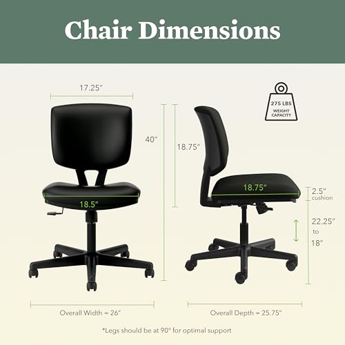 HON Volt Ergonomic Office Chair with Bonded Leather Seat and Back, Armless Desk and Computer Chair with Adjustable Center‑Tilt Recline and Wheels for Home Office or Workstation, Black by HON - Image 6