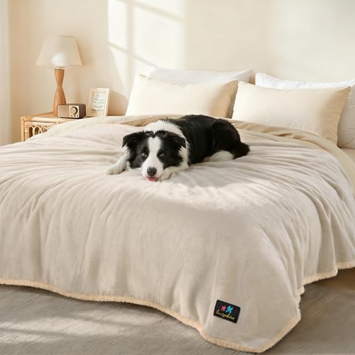 Luciphia Waterproof Pet Blanket, Liquid Pee Proof Dog Blanket for Sofa Bed Couch, Reversible Sherpa Fleece Furniture Protector Cover for Small Medium Large Dogs Cats, Grey Beige X-Large（85' x 57'）