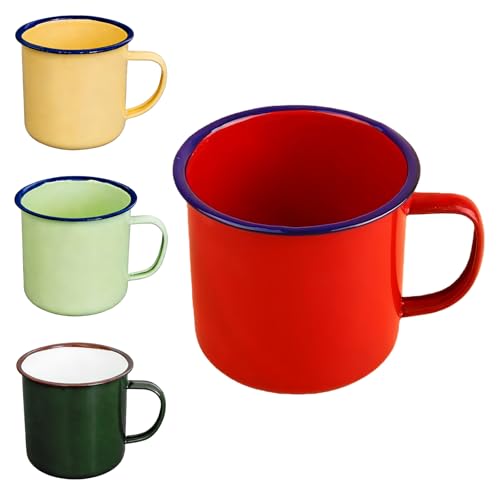 Nimblyne 4er-Set Emaille Tasse 350 ml: Wiederverwendbar & Tragbar Kaffeebecher Emaille Retro mit Henkel Rot/Armeegrün/Hellgrün/Hellgelb Enamel Mug für Zuhause Büro Reisen Camping