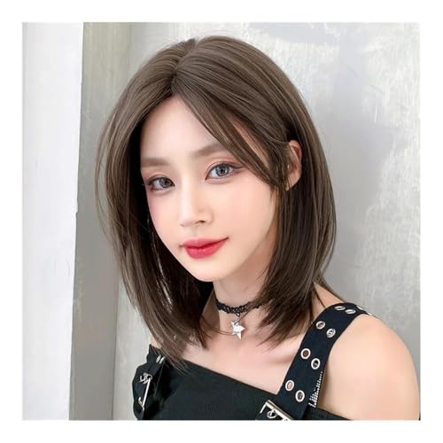 ZEAKFNRC Dark Brown Short Wig with Middle Part & Bangs: