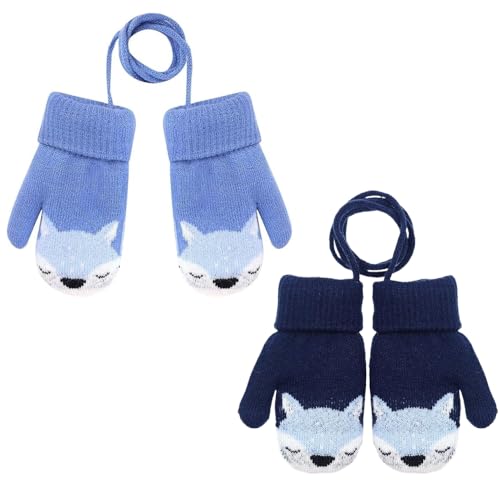 EYWILYWI 2 Pairs Kids Thick Knitted Gloves,Kids Mittens on String for Toddle Warm Fleece Lined Gloves,Cute Cartoon Hang Neck Mittens,Baby Winter Warm for 1-3 Years. (2 Pairs)