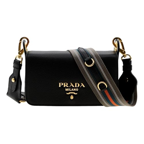 Prada Milano Small Leather Crossbody Bag, Black with Web Strap, 8 x 5 x 2 inches