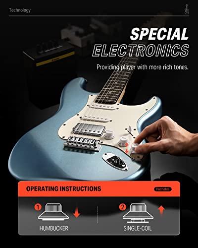 Image of Donner DST-152R Electric Guitar, 39 inch Beginner Electric Guitar Kit, HSS Pickup with Coil Split, Guitar Starter Set with Amp, Bag, All Accessories, Metallic Ice Blue