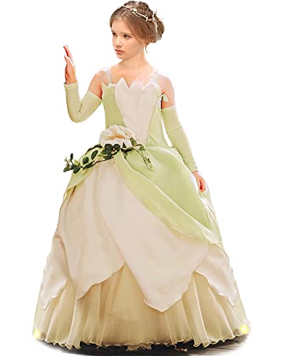 Disfraz de princesa Tiana para niñas, vestido de princesa Tiana, disfraz de princesa y rana con mangas 2 11T