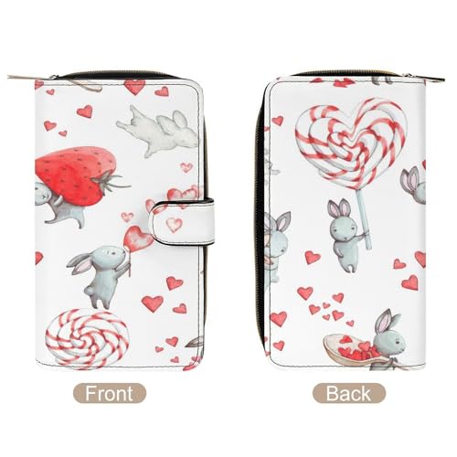 Nugier Women Soft PU Leather Wallet, Zipper Card Case Clutch Credit Bills Money Crash Coin 7.8x4.3x1.4 in Holder Purse Print Easter Day Bunny Rabbit Strawberry Heart4