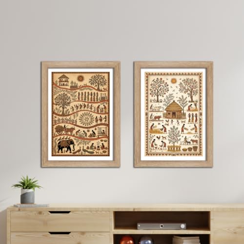 Image of TenorArts Traditional Tribal Folk Art Photo Frame Set of 2 , Indian Rural Arts Decor Wall Hanging Painting For Bedroom Living Room Cafe and Home decor / Minimal Drawing Framed Posters for Decoration (9x12 inches) [T2P-04T]