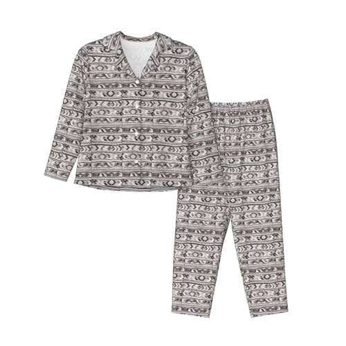 Pyjama manches longues femme imprimé tribal gris avec pantalon taille élastique