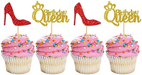 MonMon & Craft 24 Pcs Queen Birthday Cupcake Toppers for Women Girl's 1st 3rd 30th 40th Birthday Party / Gender Reveal Princess Party Cupcake Decorations / Red & Gold Glitter Mom Birthday Cupcake Toppers