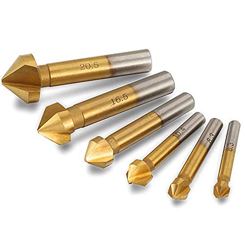 Buwico Countersink Drill Bit Set, HSS 4241 90°Three Flute Titanium Coated Metal End Mill for Wood and Soft Metal 6 PCS Chamfer Cutter Include Hole Reamer 6.3-20.5 mm
