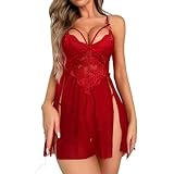 NewBull Nachthemd, Spitze, sexy, Damen, Dessous, Babydoll, Pyjama, V-Ausschnitt, Nachtwäsche, Dessous-Set aus transparentem Netzgewebe mit 2-seitiger Teilung bis Taille + Tanga, weinrot, One size