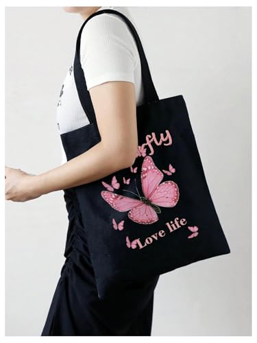 SHENHE Women's Linen Tote Bag Butterfly Patterned Grocery Shopping Travel Reusable Shoulder Bag2