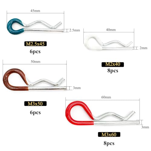 Image of 28 Pcs Hitch Pins Clip R Clips Spring Retaining Wire Hair Pins Cotter Pin Strong Spring Rubber-Coated Grip R Clip for Trailer Tractors Mower Carts Truck Pin Clip 4Sizes M3x60 M3x50 M2.5x45 M2x40