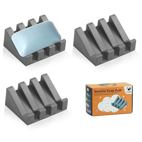 Coipdfty Self Draining Soap Dish Holder,Silicone Soap Dish,for Bathroom,Kitchen, Sponges，Can Extend Soap Life，Keep Soap Bars Dry and Easy Cleaning (N-Grey,3-Pack)