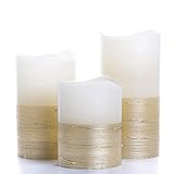Flickering LED Candle Set with Daily Timer,Flameless Candles,Embedded String Lights Stay Lit,Golden Stripes Decorative,Real Wax,Battery Powered,Set of 3(H 4