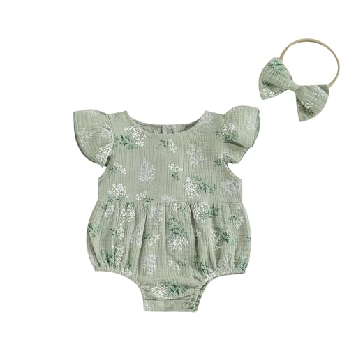 Image of Newborn Baby Girl Romper Floral Ruffle Sleeveless Jumpsuit Cotton Bodysuit with Headband Summer Clothes Outfit
