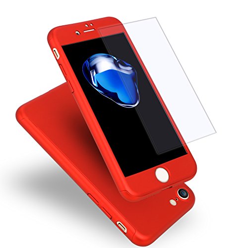 iPhone 7 Case, Coocolor 360 Degree All-Around Ultra Thin Full Body Coverage Protection Dual Layer Hard Slim Case + Tempered Glass Screen Protector for iPhone 7-Red